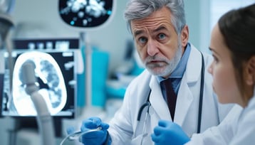 an image of a gastroenterologist who is undertaking a colonoscopy and who looks concerned with a part of the procedure