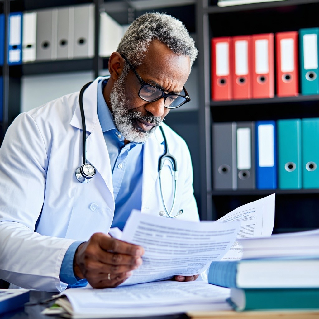 A doctor reading documents at his desk
