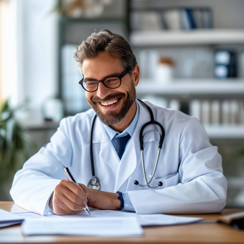 Doctor writing reports happy